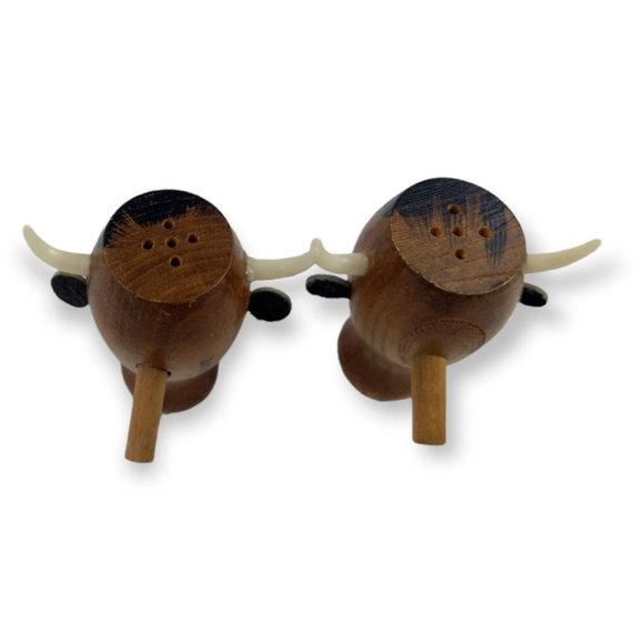 Wooden Picnic Bench Bull Salt and Pepper Condiment Stand Vintage 5 Piece Set - Picture 6 of 7